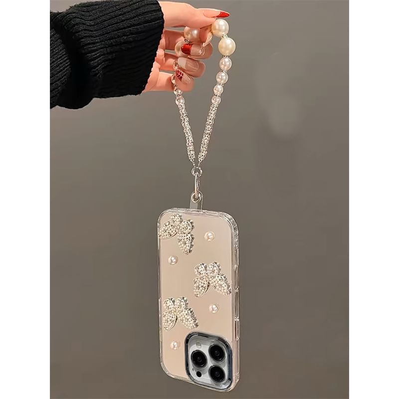 Butterfly / Set Faux Strap Case Phone Mirrored Pearl