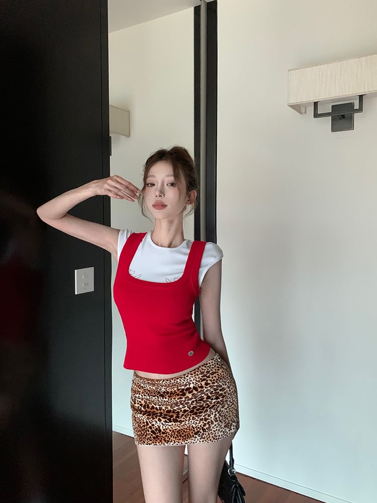 Skirt Mini Low Cap Leopard Print Pencil Dog Plain / Knit Round Tee Square Rise Sleeve Neck Top Tank