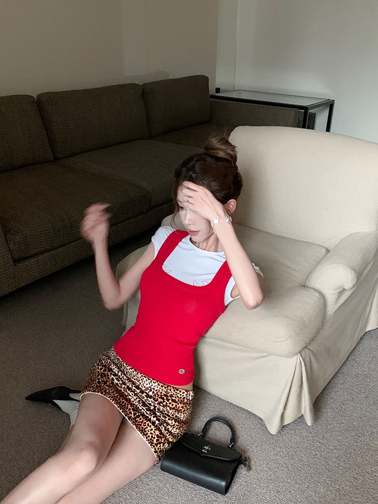 Skirt Mini Low Cap Leopard Print Pencil Dog Plain / Knit Round Tee Square Rise Sleeve Neck Top Tank