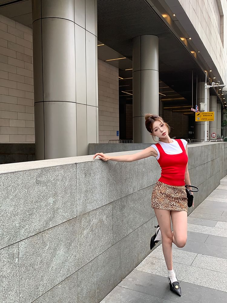 Skirt Mini Low Cap Leopard Print Pencil Dog Plain / Knit Round Tee Square Rise Sleeve Neck Top Tank