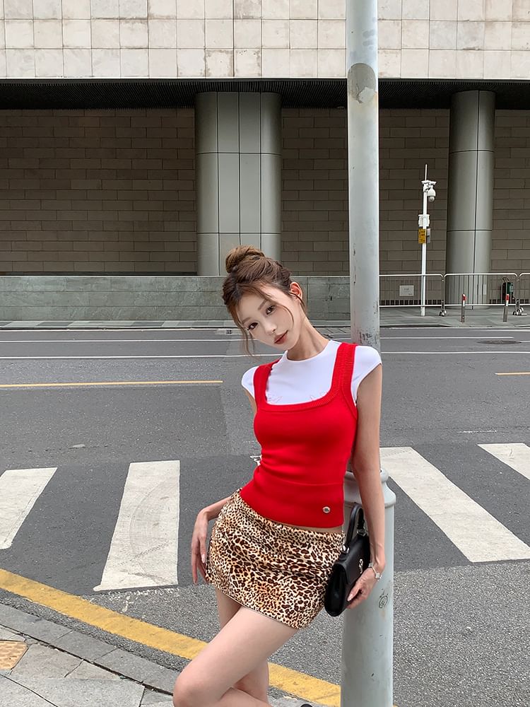 Skirt Mini Low Cap Leopard Print Pencil Dog Plain / Knit Round Tee Square Rise Sleeve Neck Top Tank