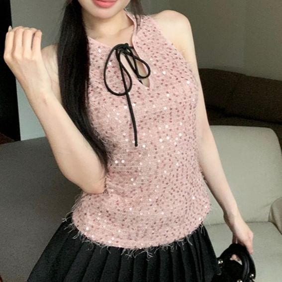 Neck Top Tie Sleeveless Sequin