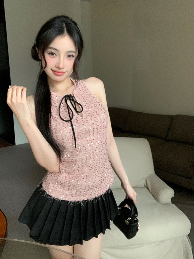 Neck Top Tie Sleeveless Sequin