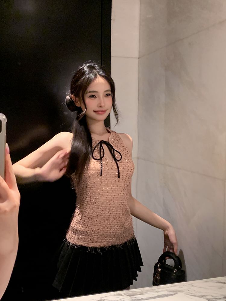 Neck Top Tie Sleeveless Sequin
