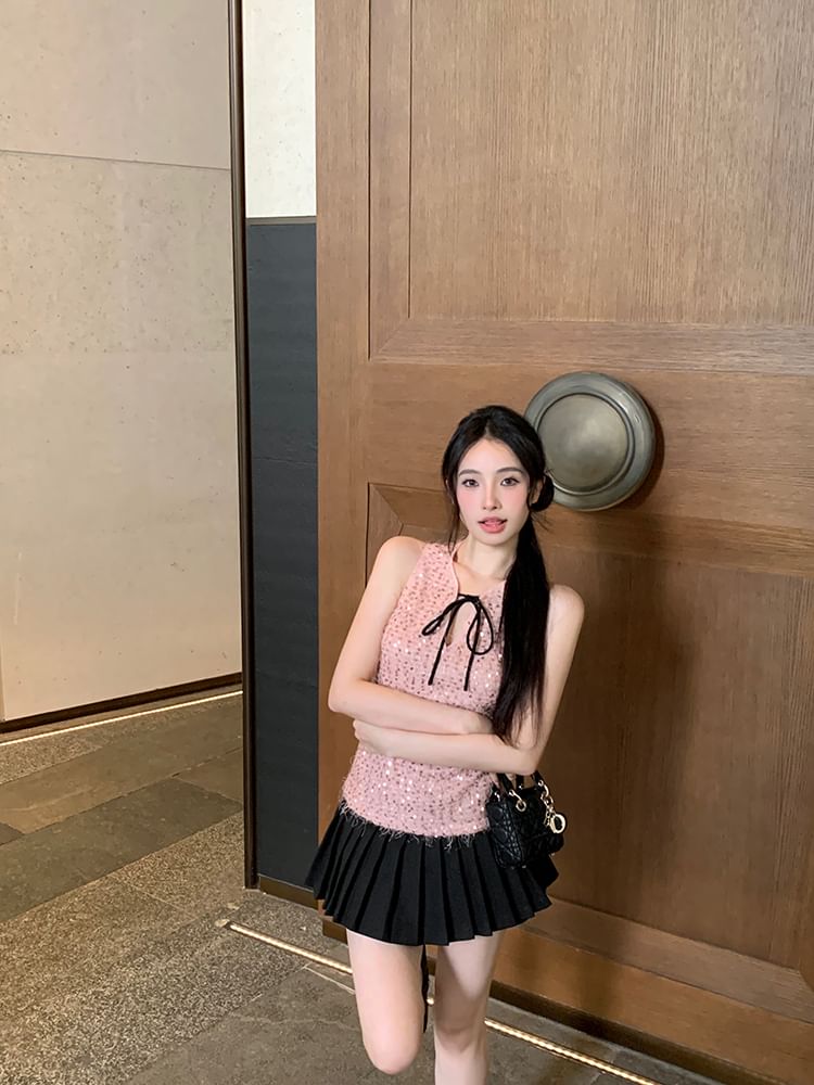 Neck Top Tie Sleeveless Sequin