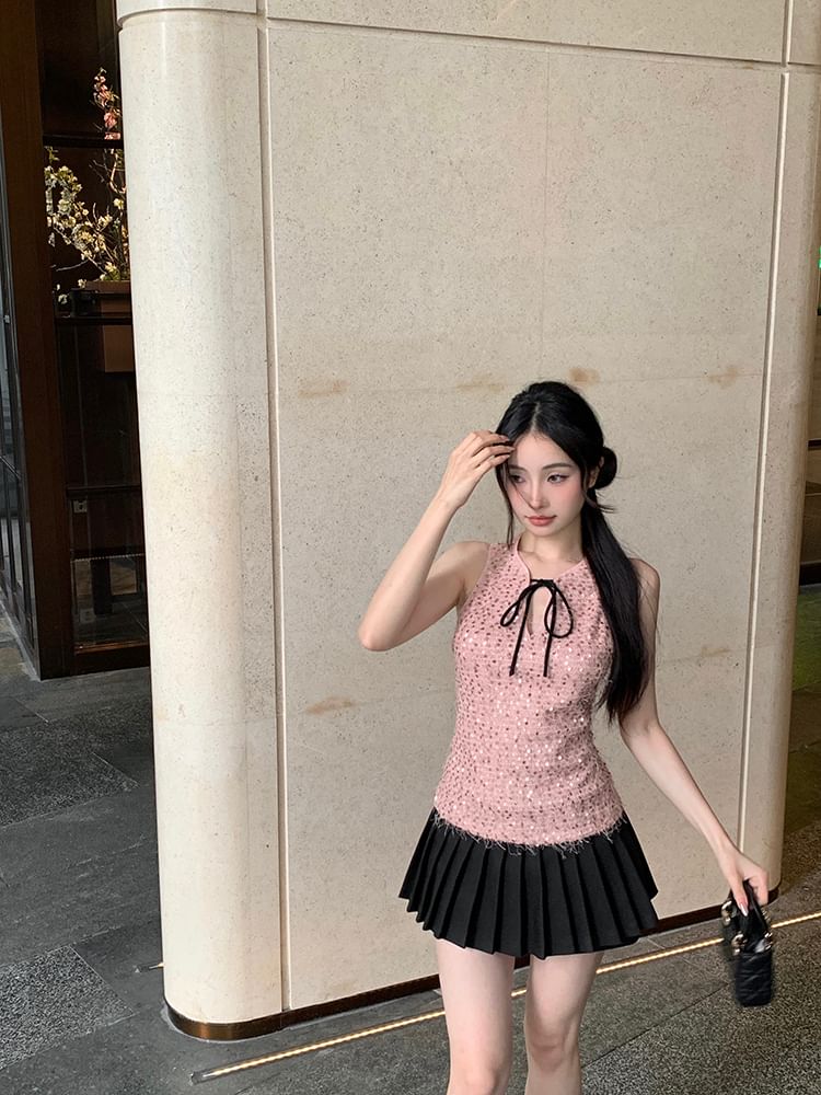 Neck Top Tie Sleeveless Sequin