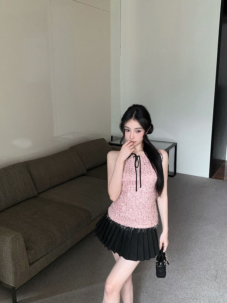 Neck Top Tie Sleeveless Sequin