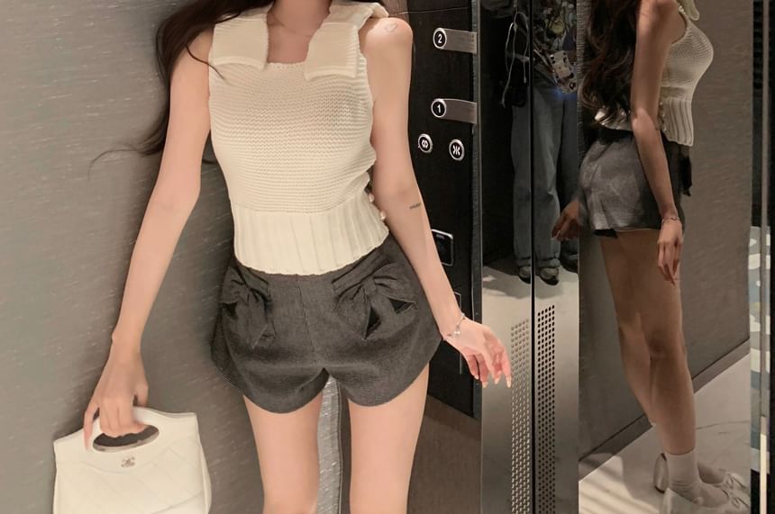 Bow Shorts / High Knit Plain Waist Top Camisole Plaid