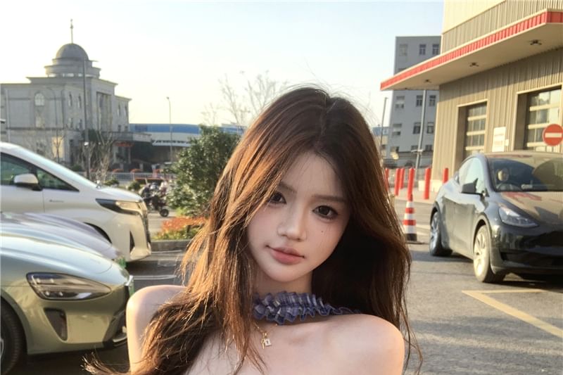 Plaid Pants Bustier Plain Tube Rise Mid / Suit Frill Wide Leg Top