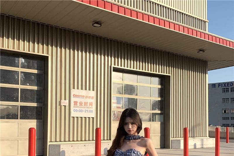 Plaid Pants Bustier Plain Tube Rise Mid / Suit Frill Wide Leg Top