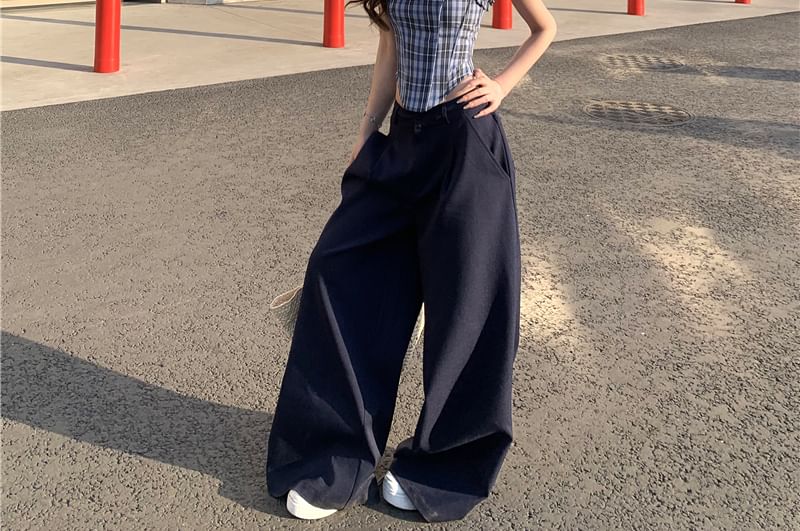 Plaid Pants Bustier Plain Tube Rise Mid / Suit Frill Wide Leg Top