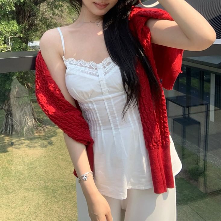 / Lace Panel Pintuck Camisole Cardigan Plain Top