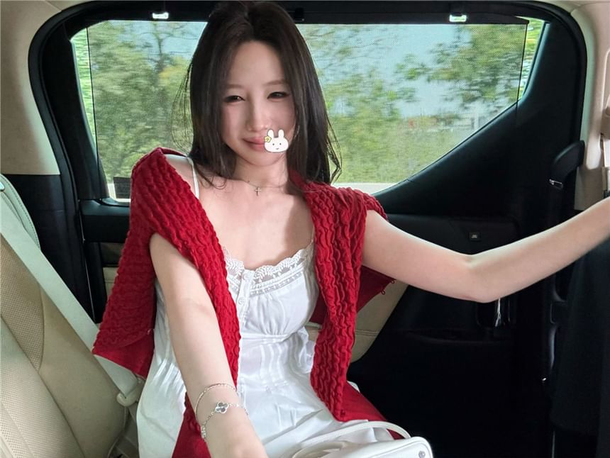 / Lace Panel Pintuck Camisole Cardigan Plain Top