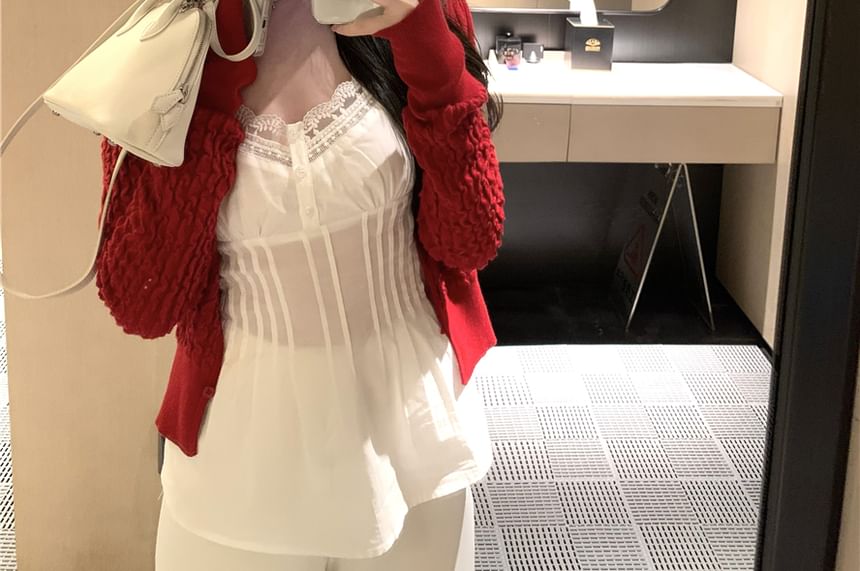 / Lace Panel Pintuck Camisole Cardigan Plain Top