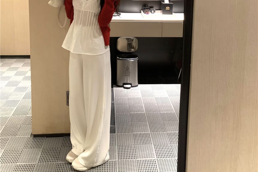 / Lace Panel Pintuck Camisole Cardigan Plain Top