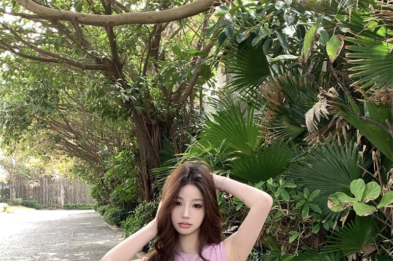 Top Plain Bodysuit Ruched Sleeveless Panel