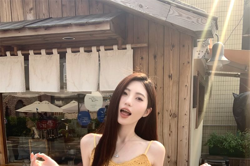 Eyelet Strap Dress Spaghetti Mini A-Line Embroidered Plain