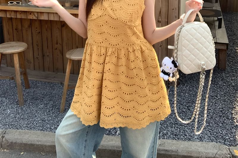 Eyelet Strap Dress Spaghetti Mini A-Line Embroidered Plain