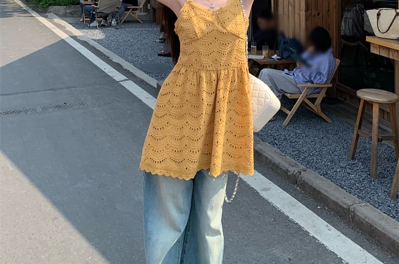 Eyelet Strap Dress Spaghetti Mini A-Line Embroidered Plain