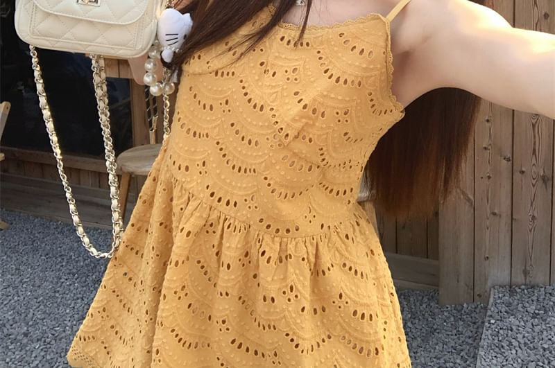 Eyelet Strap Dress Spaghetti Mini A-Line Embroidered Plain