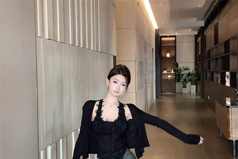 Pencil Neck Lace / Waist Plain Maxi Panel Pinstriped Top Tie-Up High Plaid Scoop Cardigan Tank Skirt