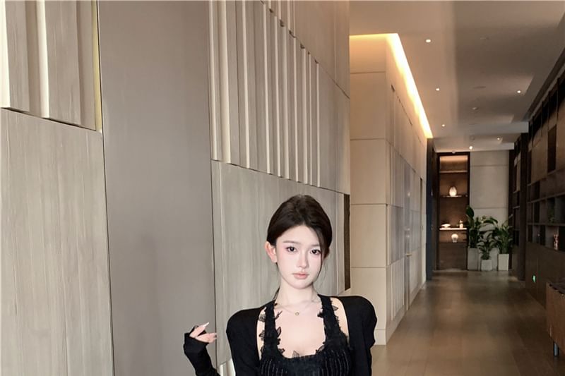 Pencil Neck Lace / Waist Plain Maxi Panel Pinstriped Top Tie-Up High Plaid Scoop Cardigan Tank Skirt