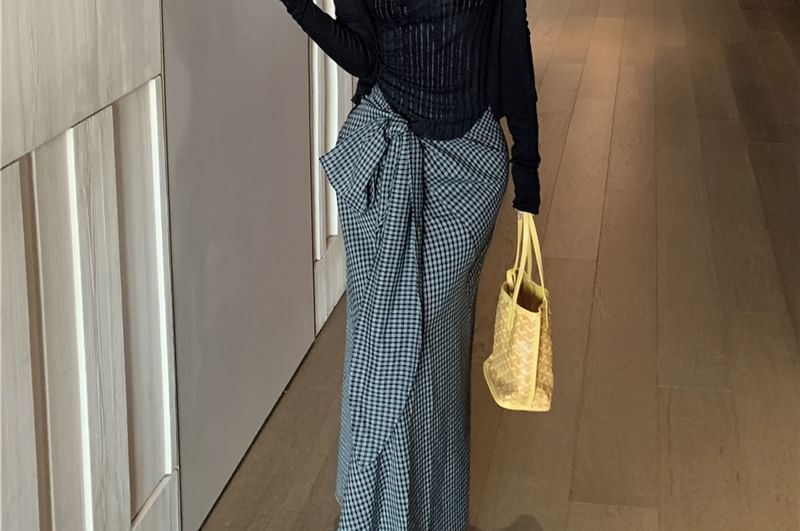 Pencil Neck Lace / Waist Plain Maxi Panel Pinstriped Top Tie-Up High Plaid Scoop Cardigan Tank Skirt