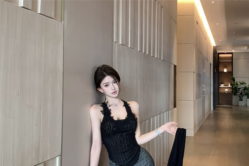 Pencil Neck Lace / Waist Plain Maxi Panel Pinstriped Top Tie-Up High Plaid Scoop Cardigan Tank Skirt