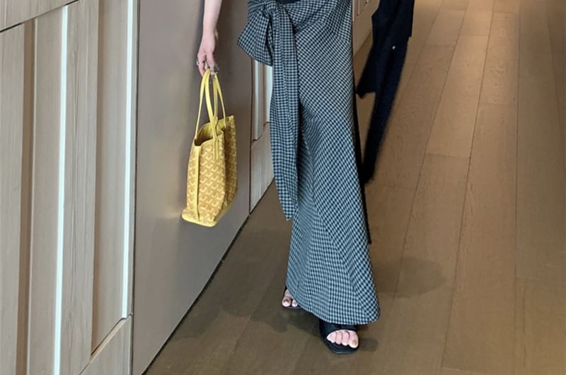 Pencil Neck Lace / Waist Plain Maxi Panel Pinstriped Top Tie-Up High Plaid Scoop Cardigan Tank Skirt