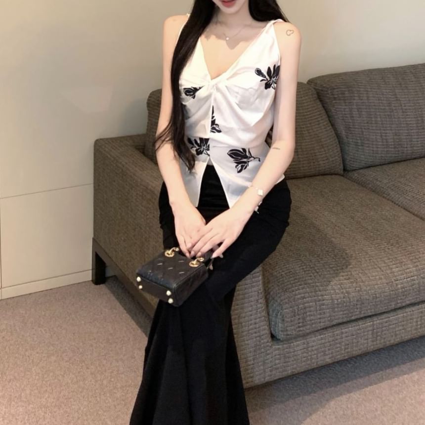 Pencil Floral Top High V-Neck Print Cami Plain Maxi Skirt Rise / Slit