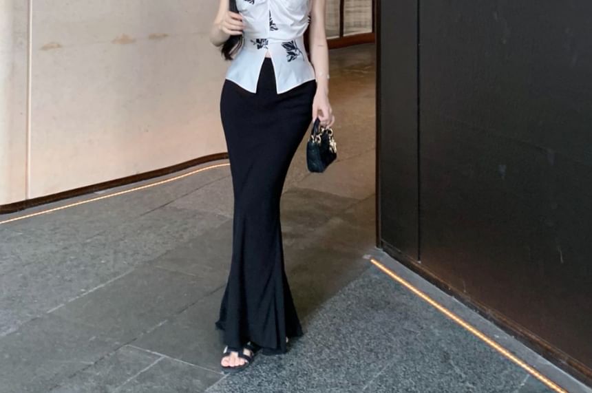 Pencil Floral Top High V-Neck Print Cami Plain Maxi Skirt Rise / Slit