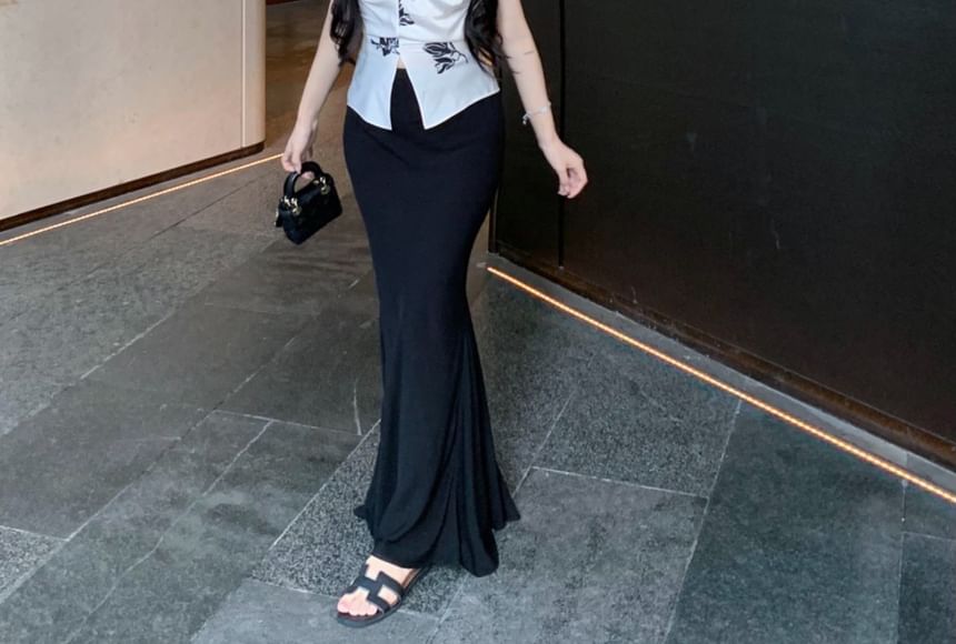 Pencil Floral Top High V-Neck Print Cami Plain Maxi Skirt Rise / Slit