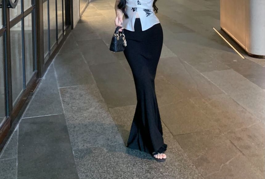 Pencil Floral Top High V-Neck Print Cami Plain Maxi Skirt Rise / Slit