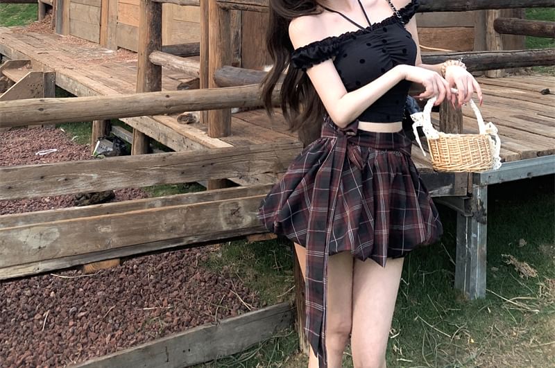 Frill / Dotted High A-Line Rise Plaid Balloon Cami Mini Top Skirt