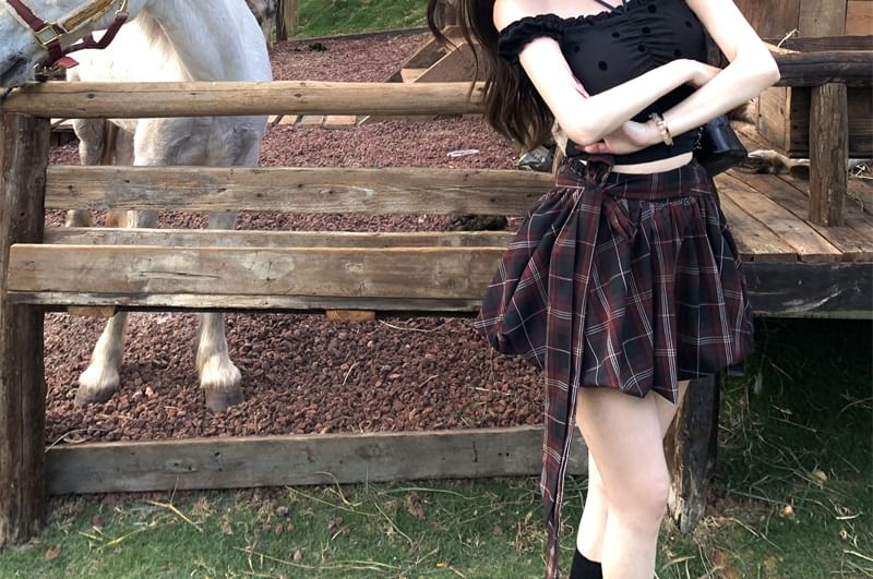 Frill / Dotted High A-Line Rise Plaid Balloon Cami Mini Top Skirt