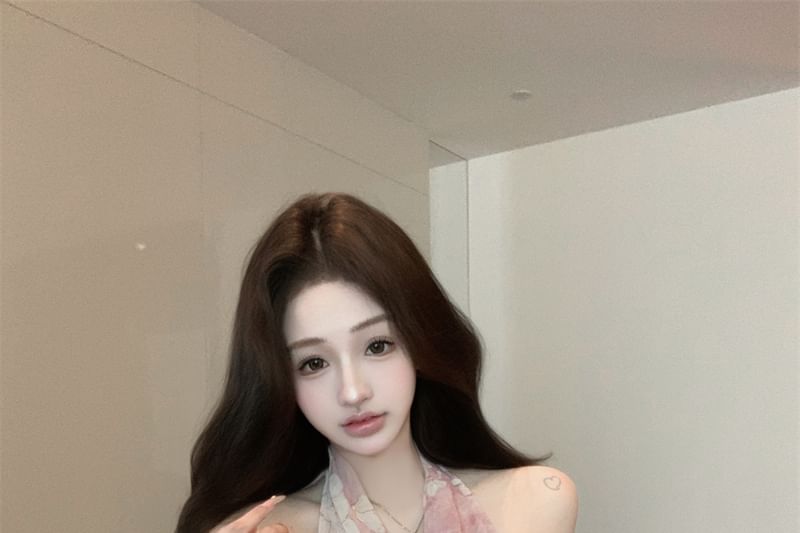 Top Neck Floral Cowl Halter Print