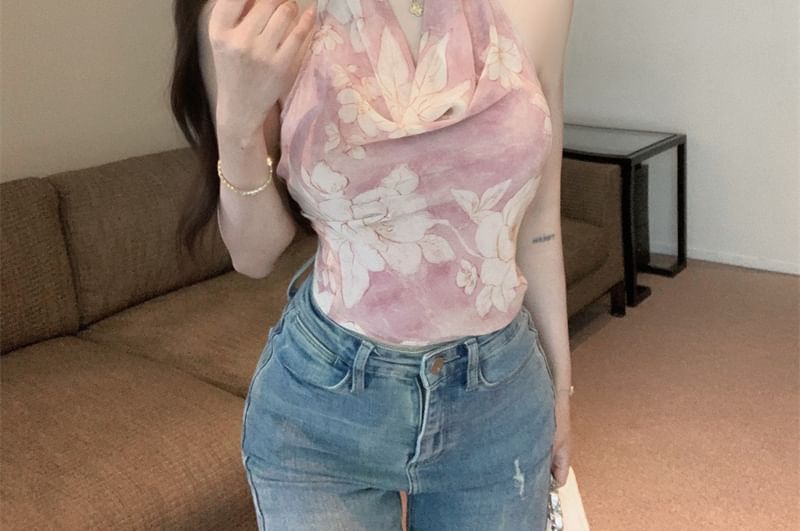 Top Neck Floral Cowl Halter Print