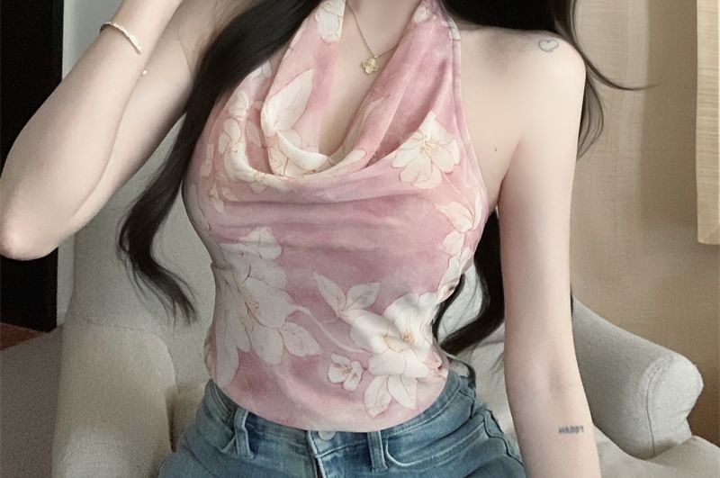 Top Neck Floral Cowl Halter Print
