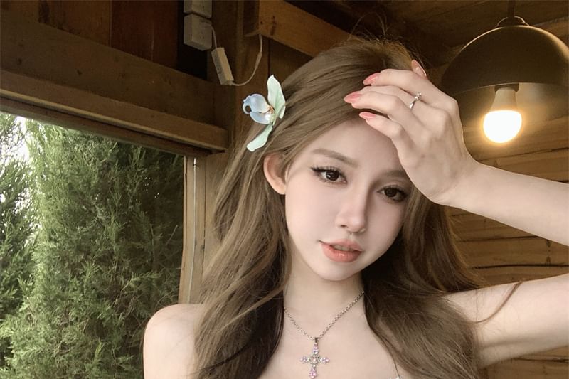 Panel Lace Applique Tube Mesh Floral Trim Crop Top Ruched