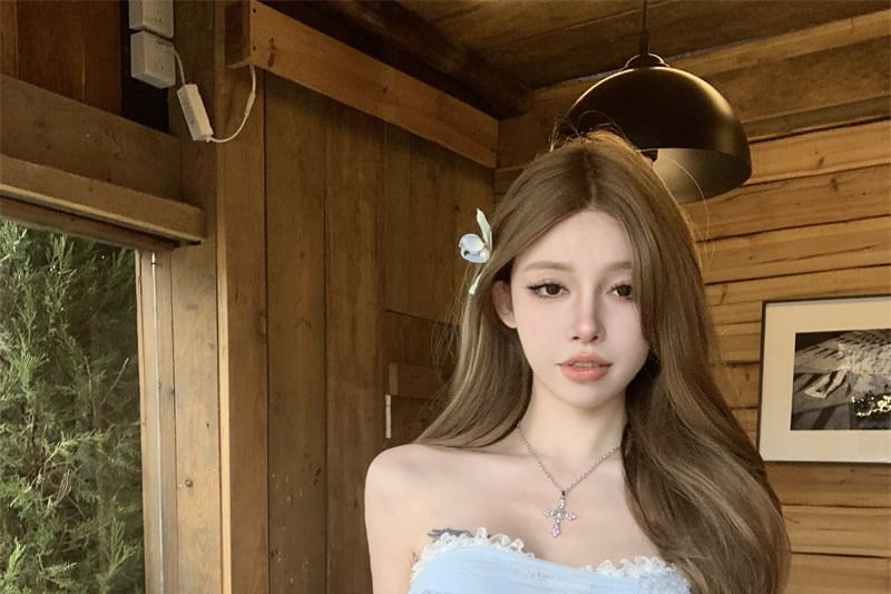 Panel Lace Applique Tube Mesh Floral Trim Crop Top Ruched