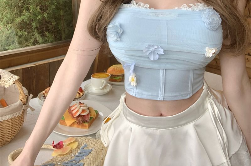 Panel Lace Applique Tube Mesh Floral Trim Crop Top Ruched