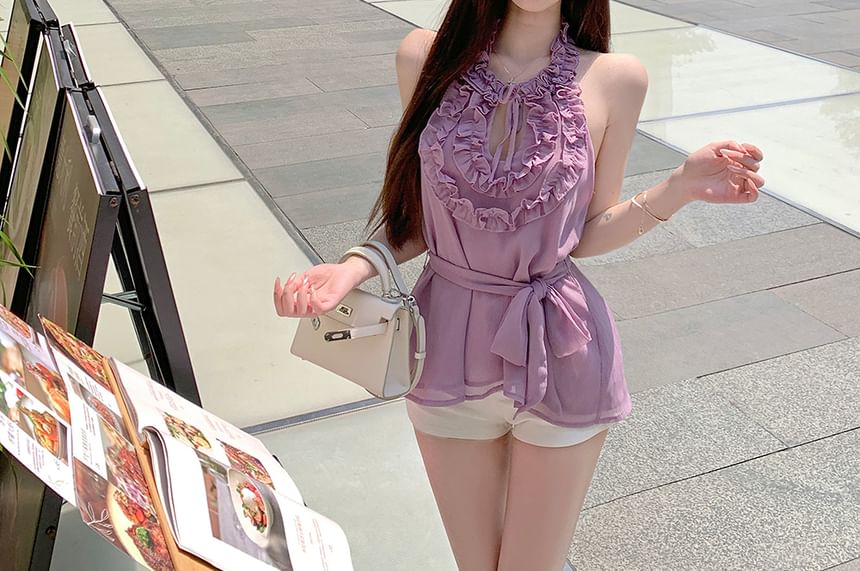 Ruffle Halter Keyhole Top Plain