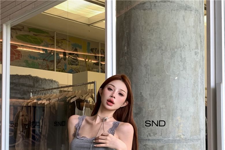 Neck Low Tank Satin Rise Sequin Scoop Top Undershorts Plain Lace Trim Shorts Mid /