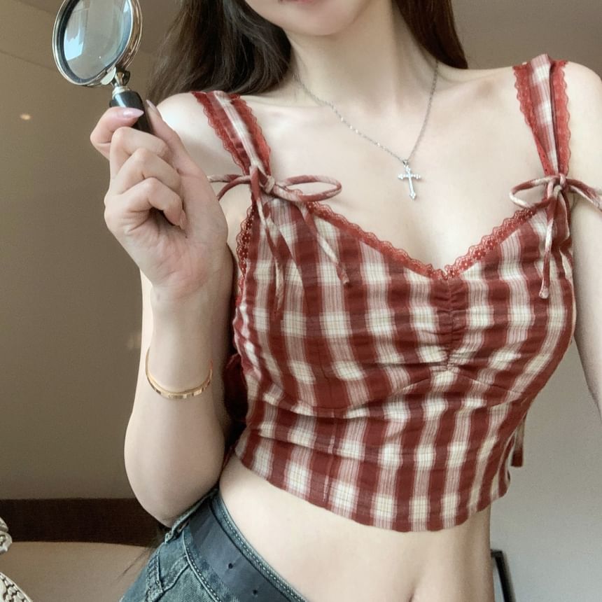 Cami Plaid Bow Crop Top V-Neck