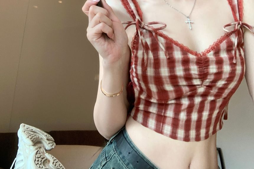 Cami Plaid Bow Crop Top V-Neck