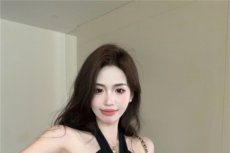 A-Line Pleated Plain Maxi High Waist Crop Feather / Trim Skirt Top Halter