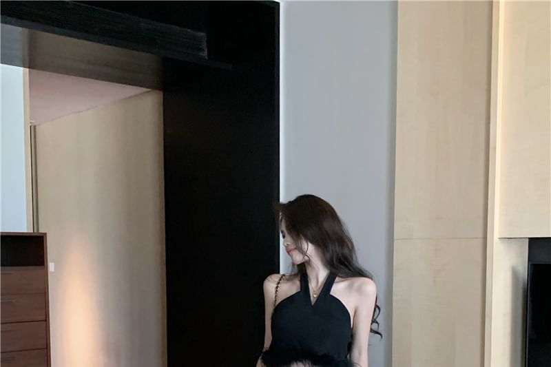 A-Line Pleated Plain Maxi High Waist Crop Feather / Trim Skirt Top Halter