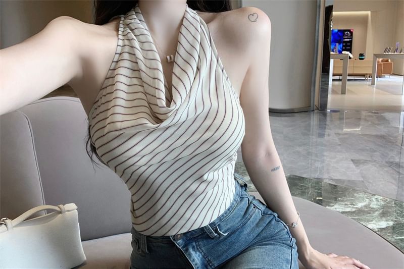Striped Cowl Top Halter Neck
