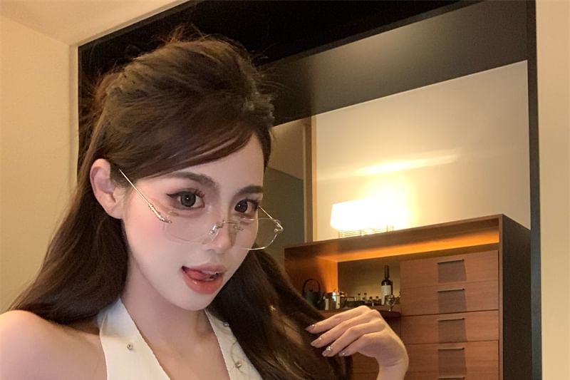 Halter Plain Rhinestone V-Neck Top