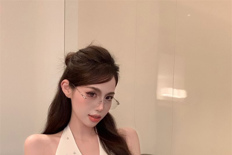 Halter Plain Rhinestone V-Neck Top